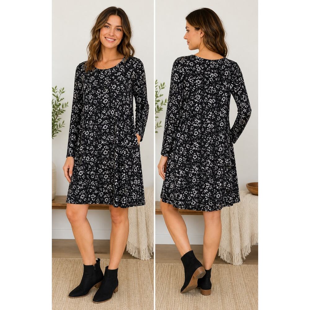 Gudrun Sjoden Black Floral Lyocell Midi Dress L Scandinavian Boho Artsy